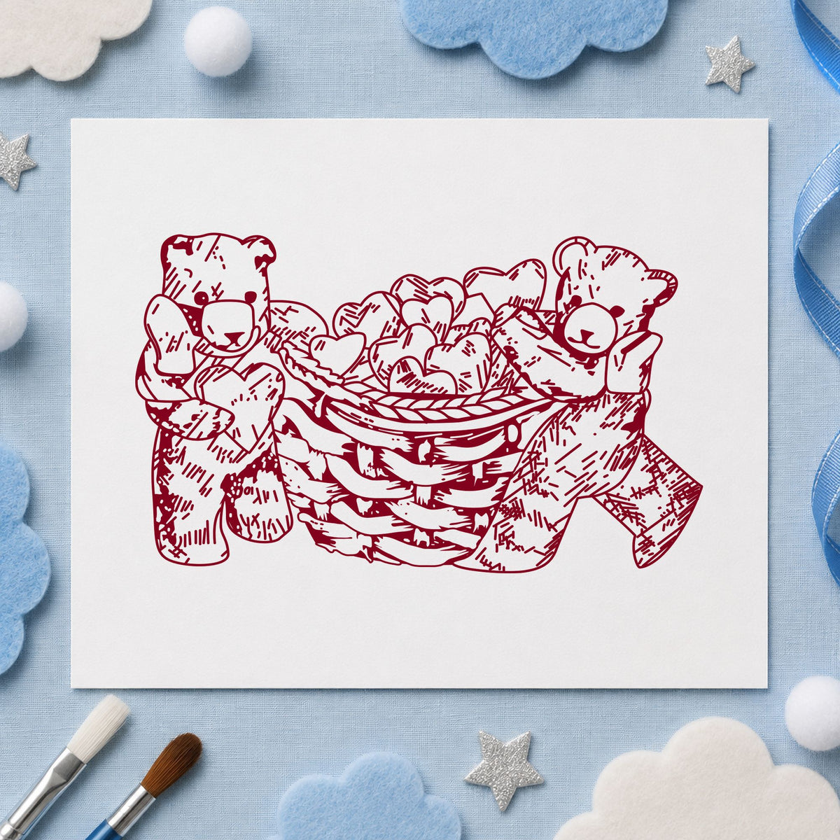 Bears with Basket of Hearts Art Rubber Stamp in use 10