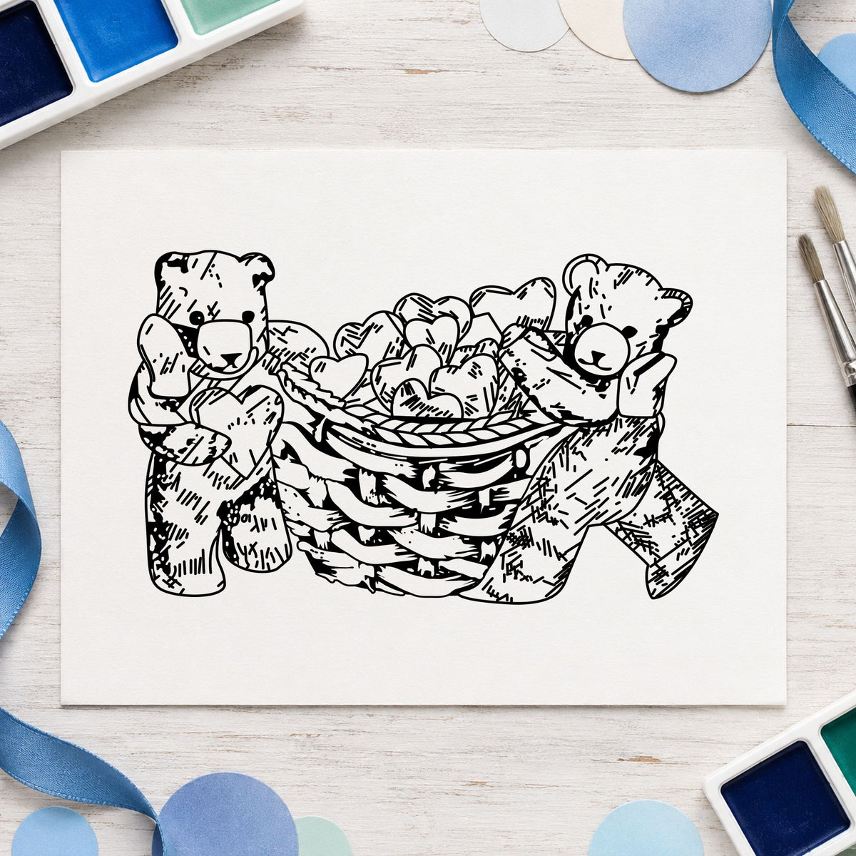 Bears with Basket of Hearts Art Rubber Stamp in use 2