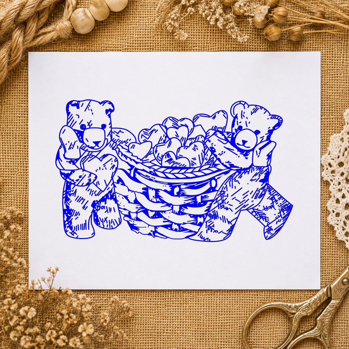 Bears with Basket of Hearts Art Rubber Stamp in use 3