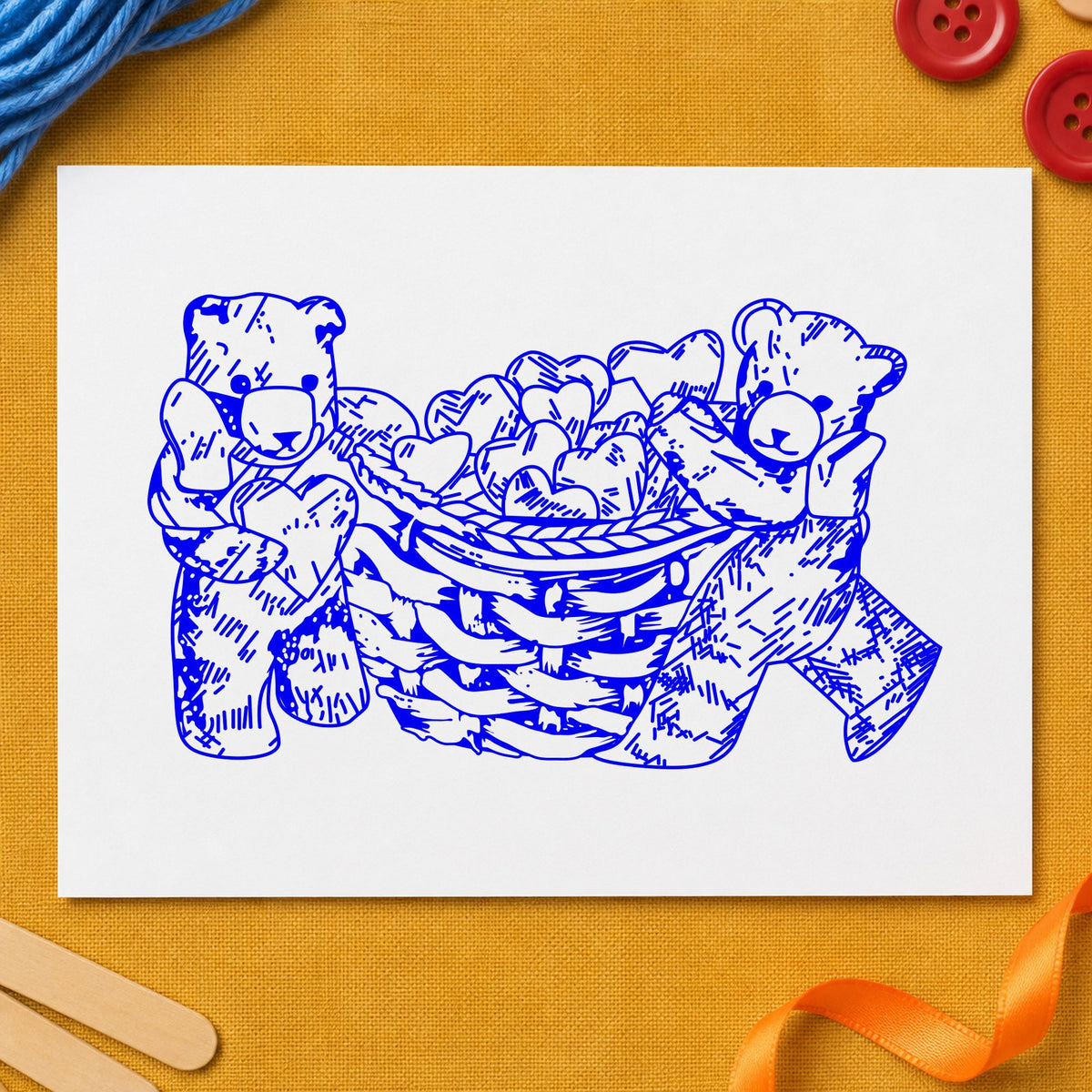 Bears with Basket of Hearts Art Rubber Stamp in use 4