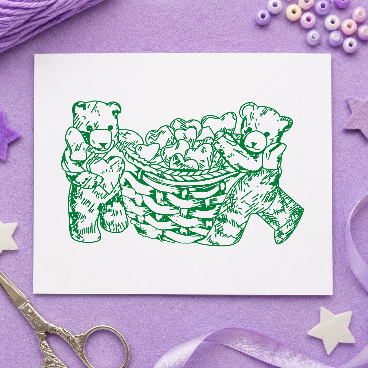 Bears with Basket of Hearts Art Rubber Stamp in use 5