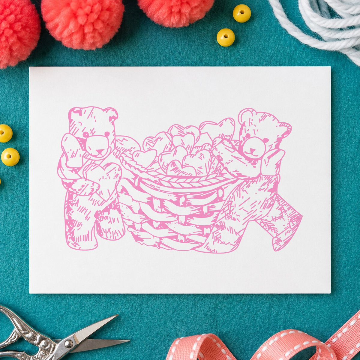 Bears with Basket of Hearts Art Rubber Stamp in use 6