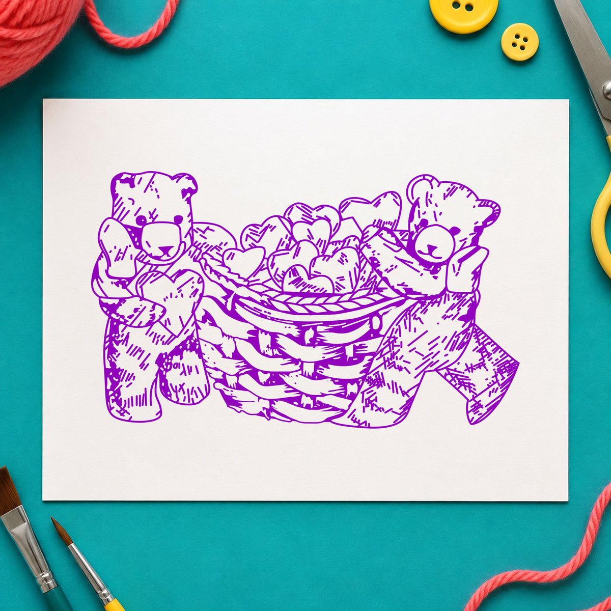 Bears with Basket of Hearts Art Rubber Stamp in use 7
