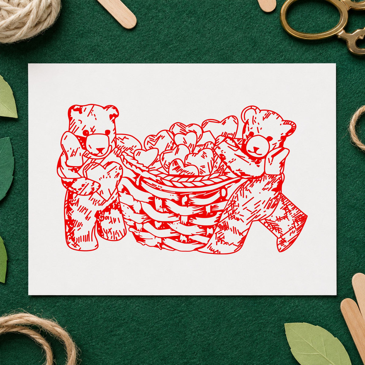 Bears with Basket of Hearts Art Rubber Stamp in use 8