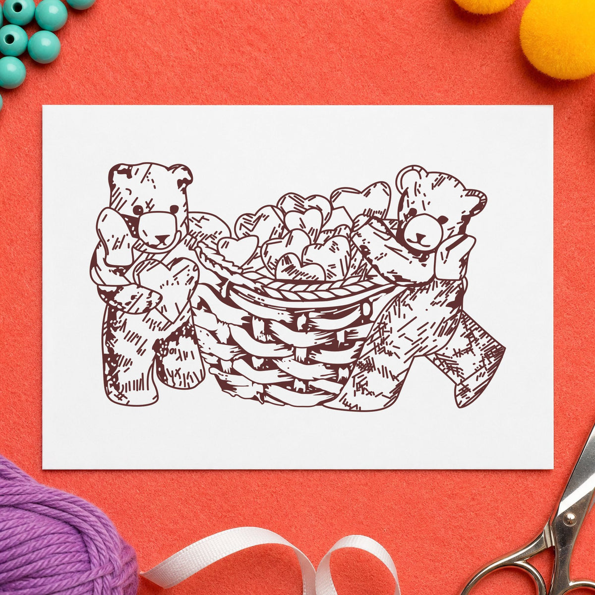 Bears with Basket of Hearts Art Rubber Stamp in use 9