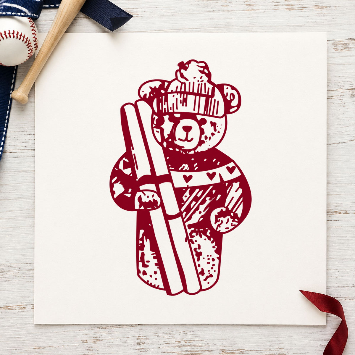 Ski Bear Holding Skis Rubber Stamp impression in burgundy ink on white paper in a styled craft setting.