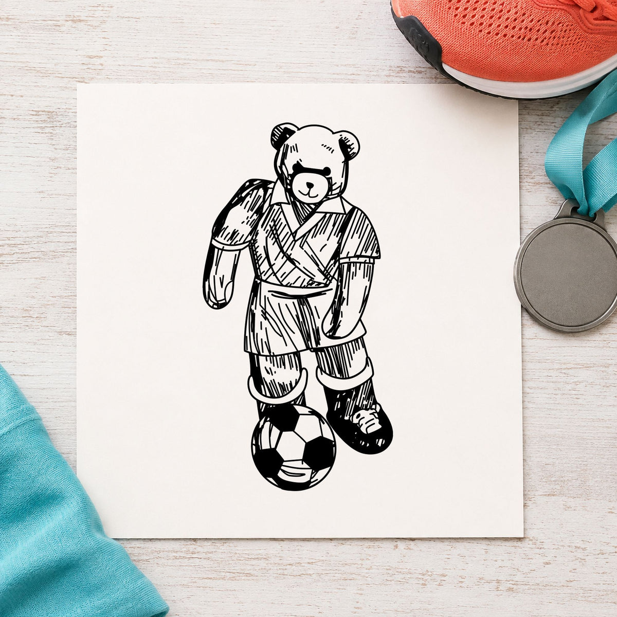 Soccer Bear Kicking Ball Rubber Stamp impression in black ink on white paper in a styled craft setting.