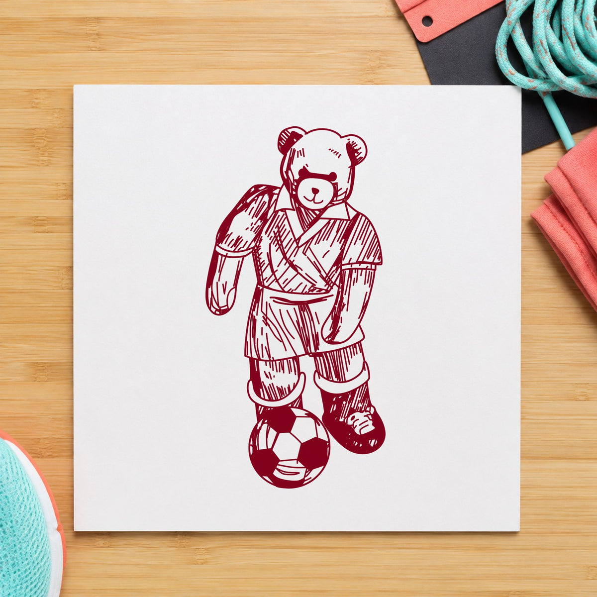 Soccer Bear Kicking Ball Rubber Stamp impression in burgundy ink on white paper in a styled craft setting.