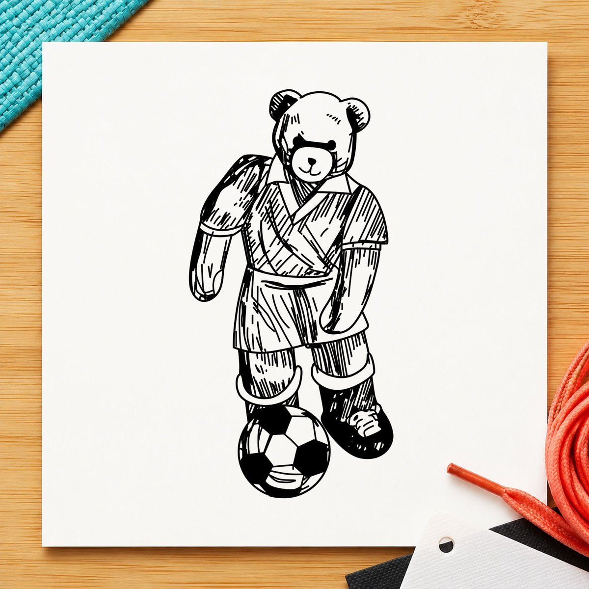 Black impression from a soccer rubber stamp, featuring the soccer bear kicking ball design on white paper.