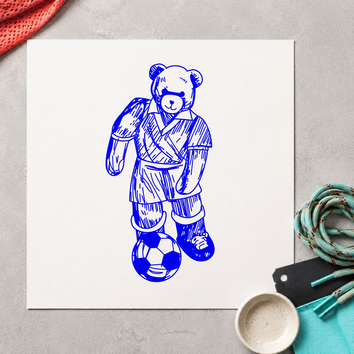 Soccer Bear Kicking Ball Rubber Stamp impression in blue ink on white paper in a styled craft setting.