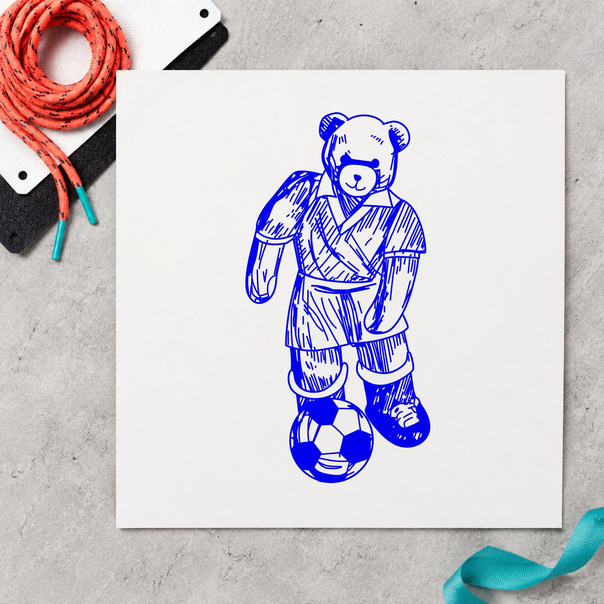 Blue sports scrapbook stamp impression featuring the soccer bear kicking ball design on white paper.