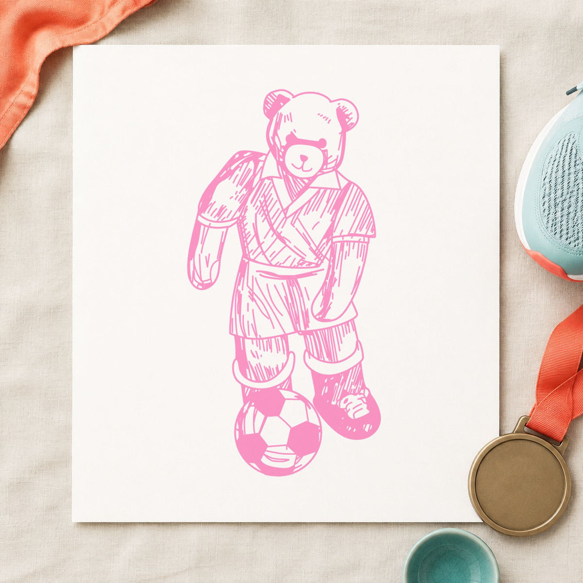 Soccer Bear Kicking Ball Rubber Stamp impression in pink ink on white paper in a styled craft setting.