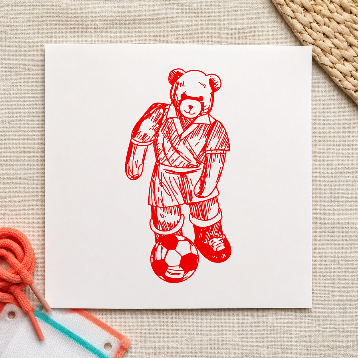 Soccer Bear Kicking Ball Rubber Stamp impression in red ink on white paper in a styled craft setting.