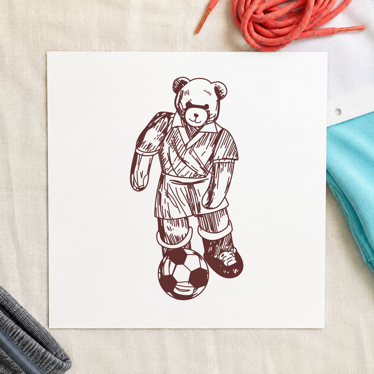 Soccer Bear Kicking Ball Rubber Stamp impression in brown ink on white paper in a styled craft setting.
