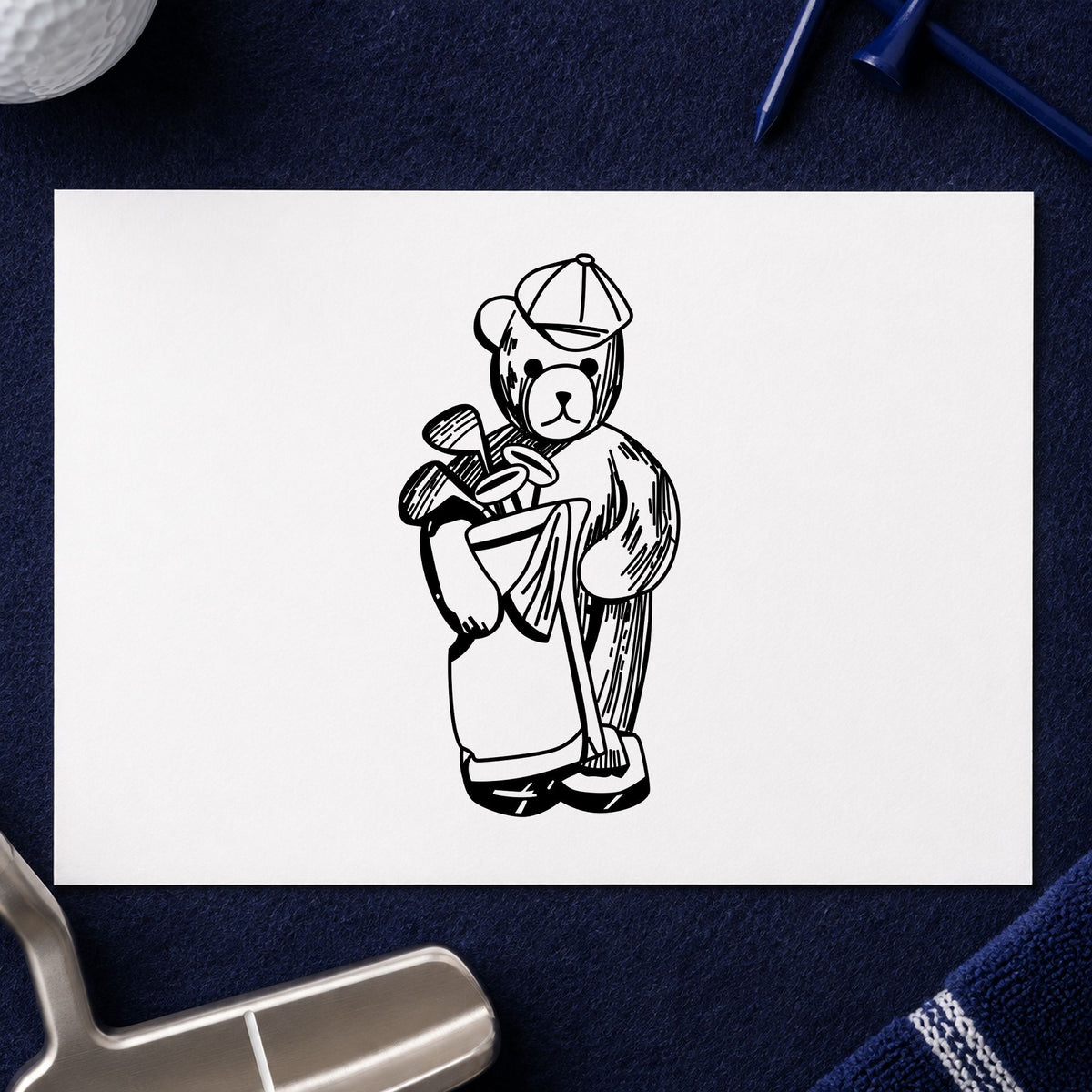 Golf Bear with Clubs Rubber Stamp impression in black ink on white paper in a styled craft setting.
