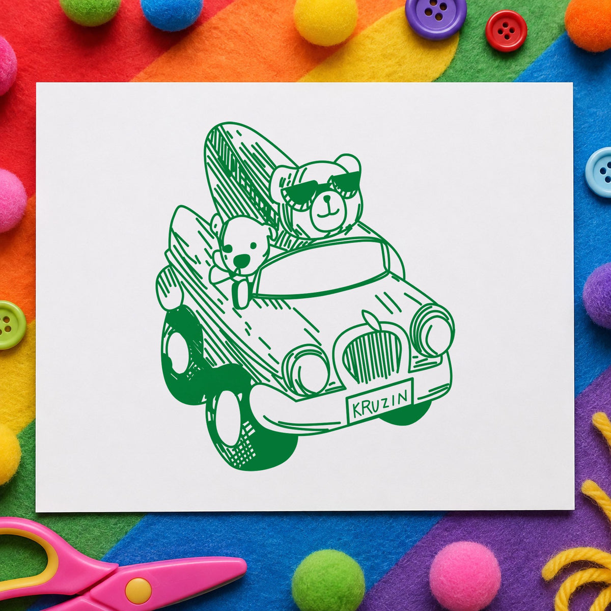 Surfboard Bear in Convertible Rubber Stamp impression in green ink on white paper in a styled craft setting.