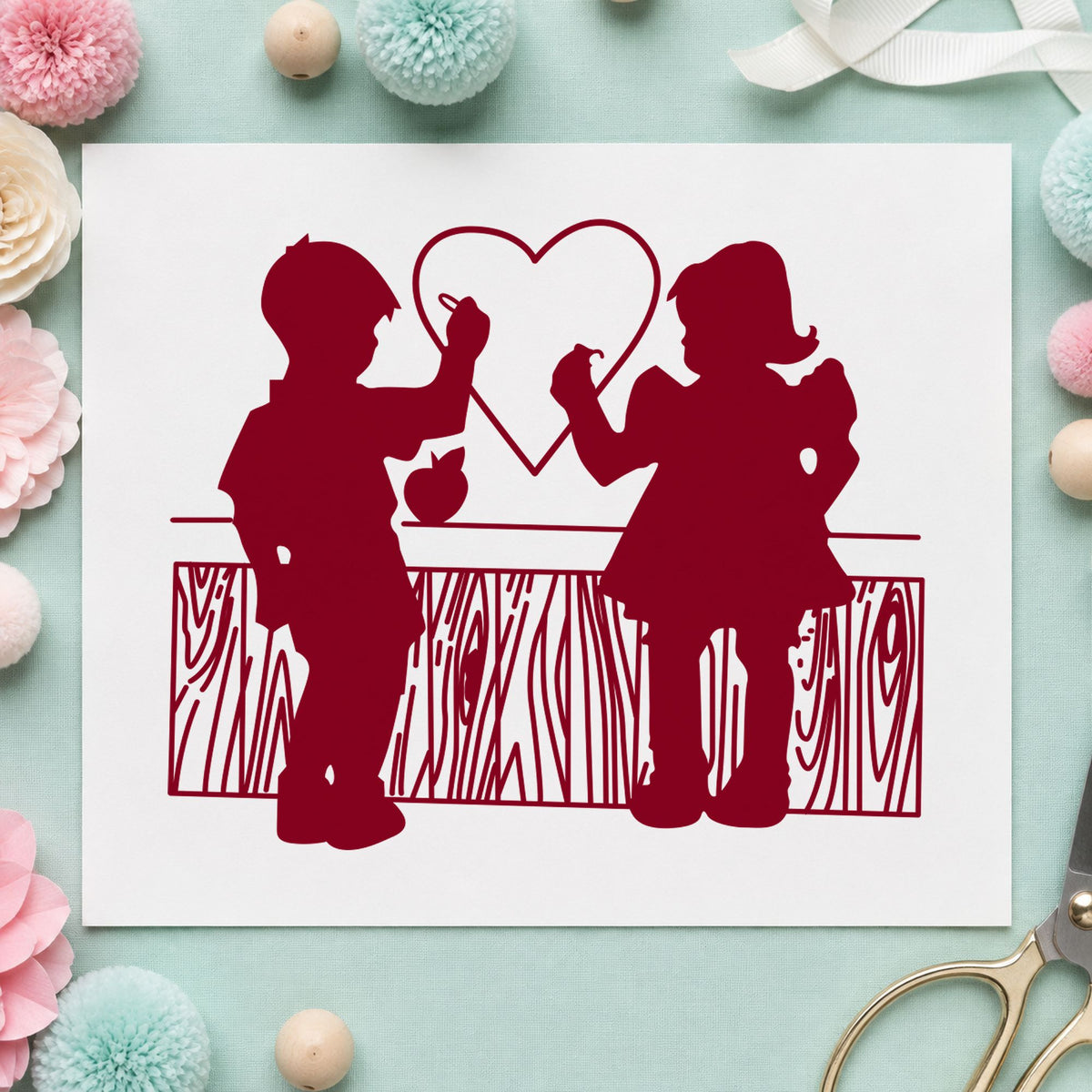 Boy and Girl Drawing a Heart Rubber Stamp impression in burgundy ink on white paper in a styled craft setting.