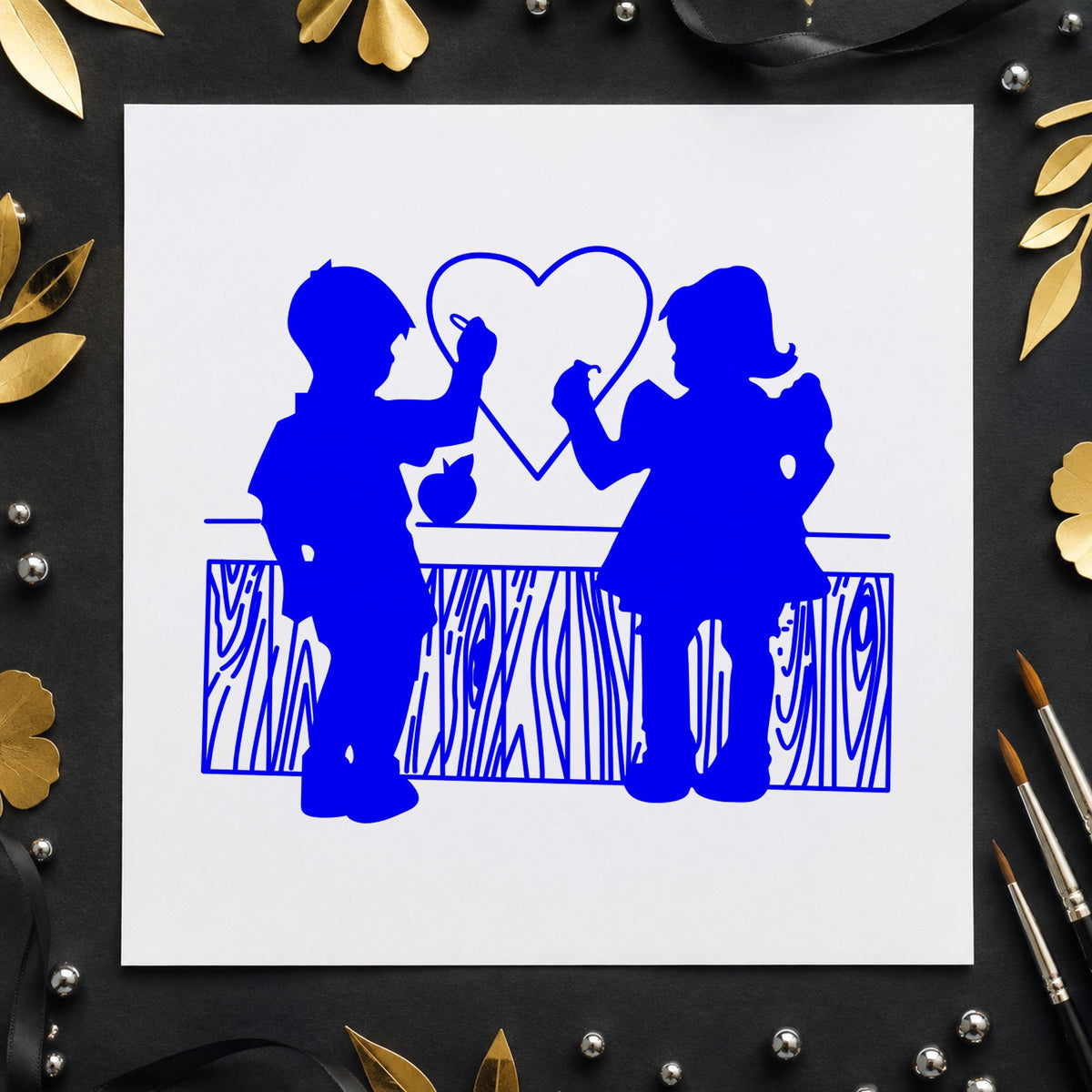 Boy and Girl Drawing a Heart Rubber Stamp impression in blue ink on white paper in a styled craft setting.