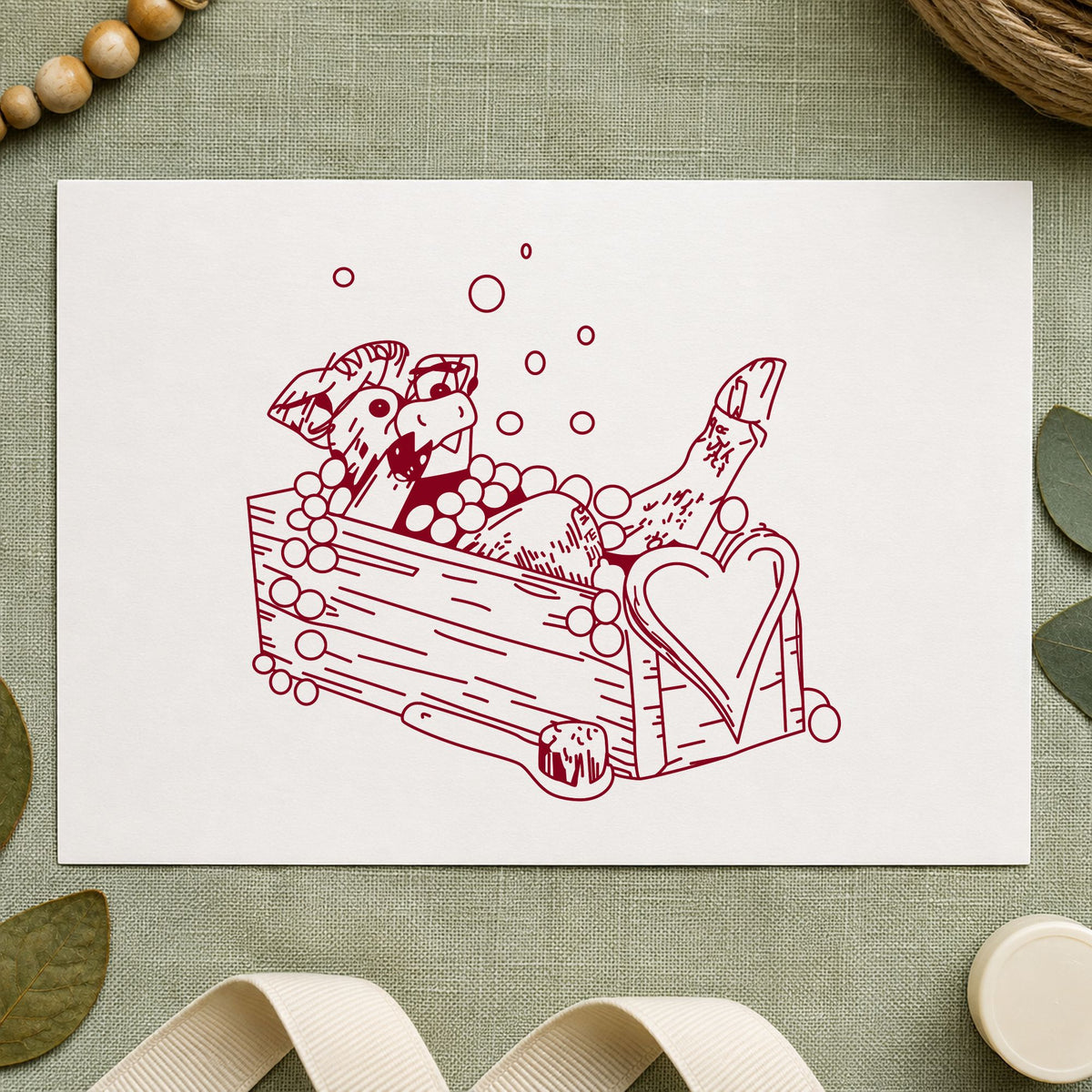 Cow Bathing in Wash Trough Rubber Stamp impression in burgundy ink on white paper in a styled craft setting.