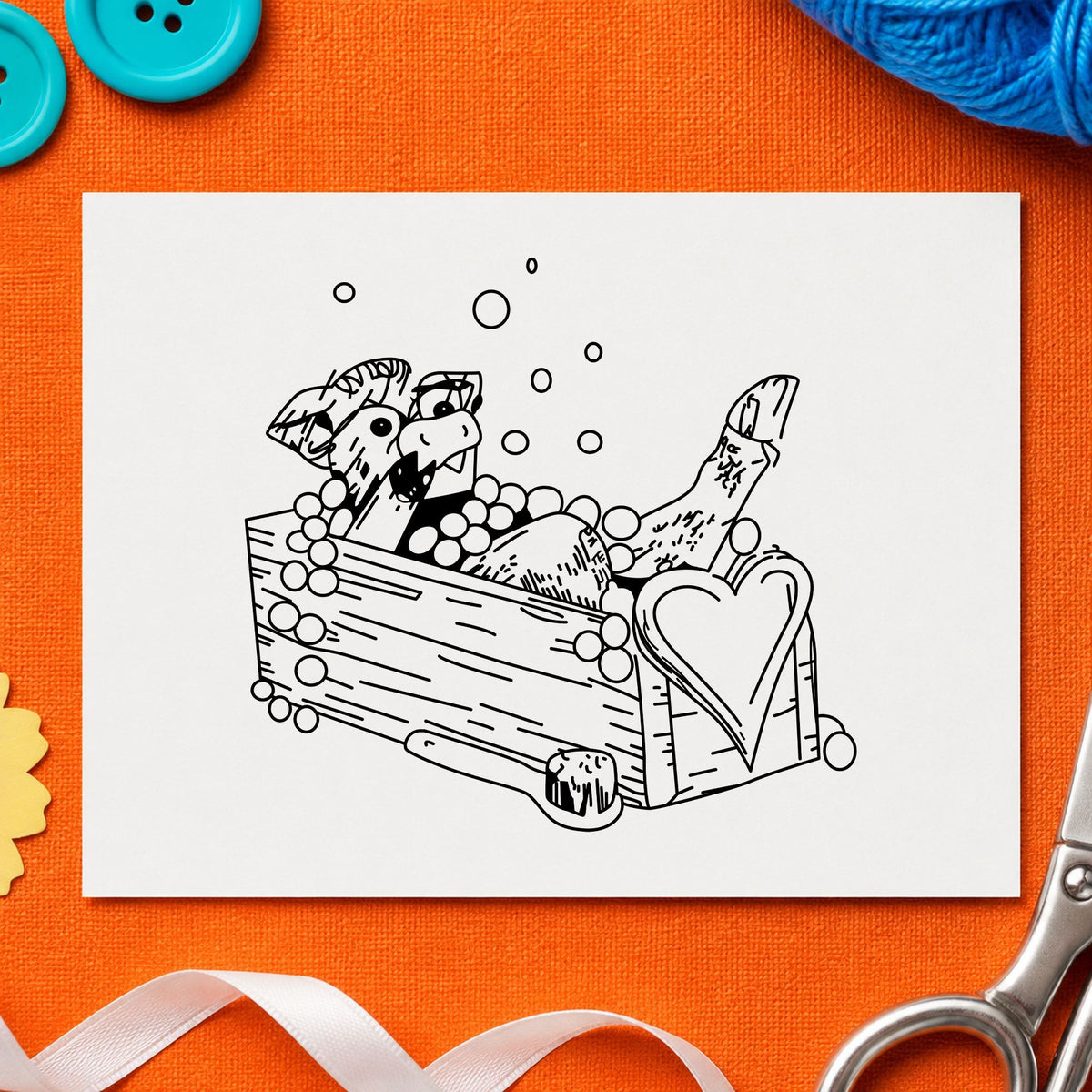 Black impression from a cow rubber stamp, featuring the cow bathing in wash trough design on white paper.