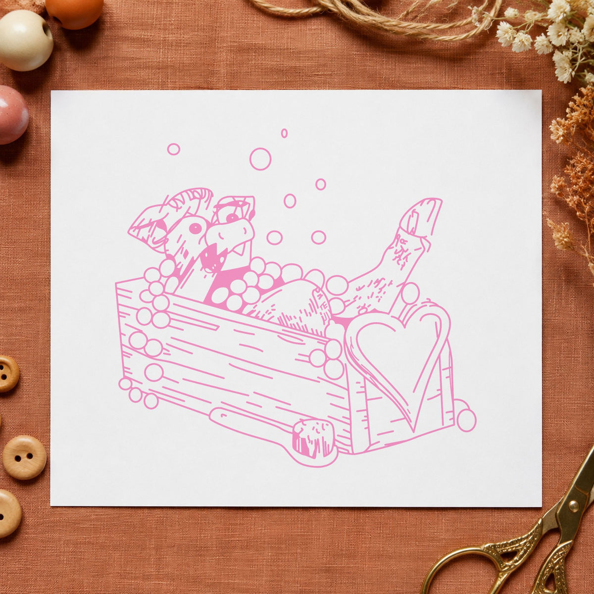 Cow Bathing in Wash Trough Rubber Stamp impression in pink ink on white paper in a styled craft setting.