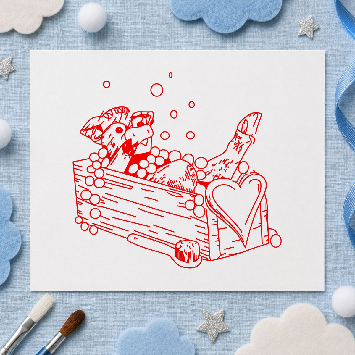 Cow Bathing in Wash Trough Rubber Stamp impression in red ink on white paper in a styled craft setting.