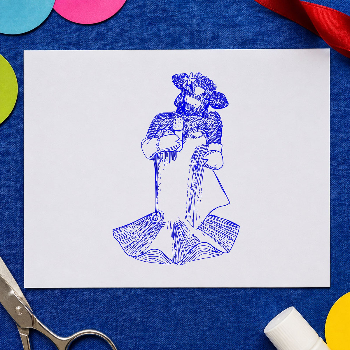 Blue music craft stamp impression featuring the singing cow with microphone design on white paper.