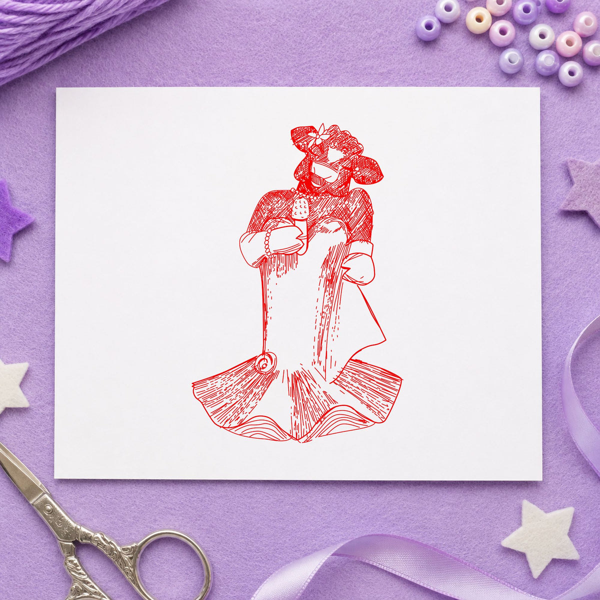 Singing Cow with Microphone Rubber Stamp impression in red ink on white paper in a styled craft setting.