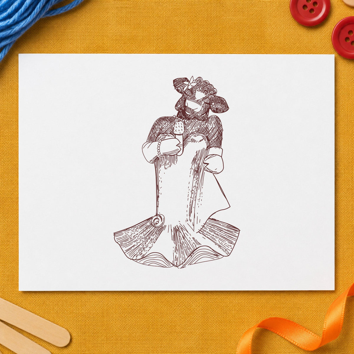 Singing Cow with Microphone Rubber Stamp impression in brown ink on white paper in a styled craft setting.