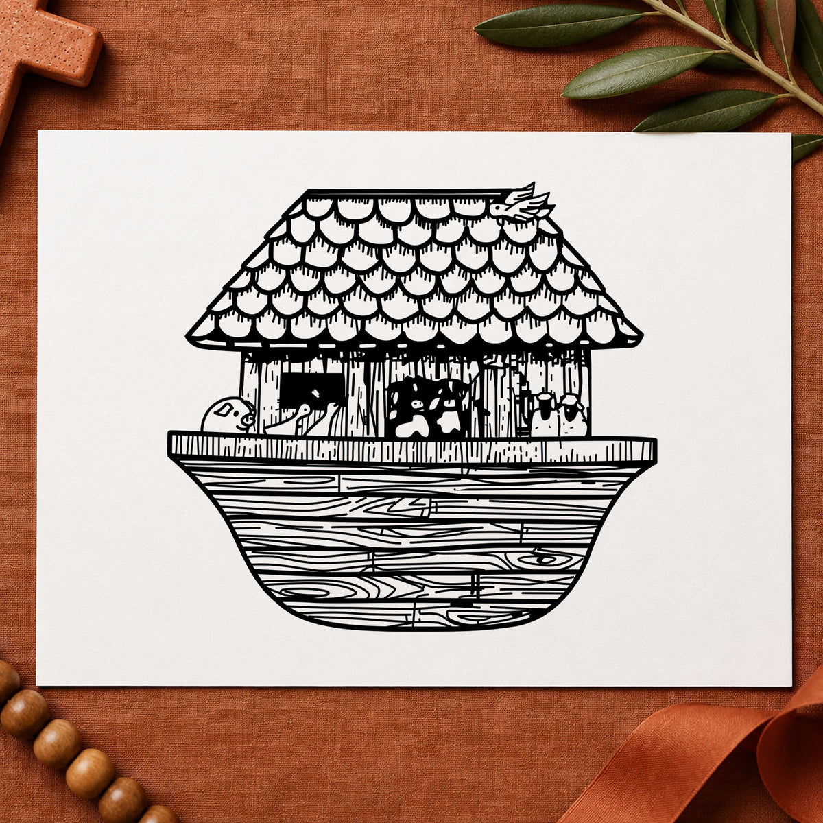 Noah's Ark Rubber Stamp Wide impression in black ink on white paper in a styled craft setting.
