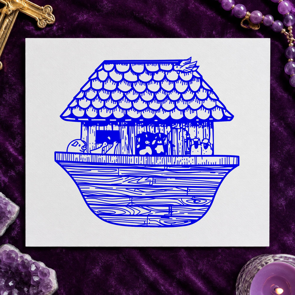 Noah's Ark Rubber Stamp Wide impression in blue ink on white paper in a styled craft setting.