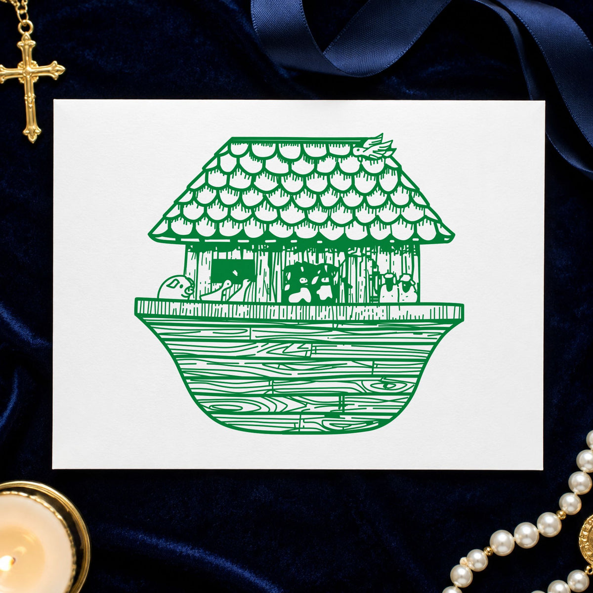 Noah's Ark Rubber Stamp Wide impression in green ink on white paper in a styled craft setting.