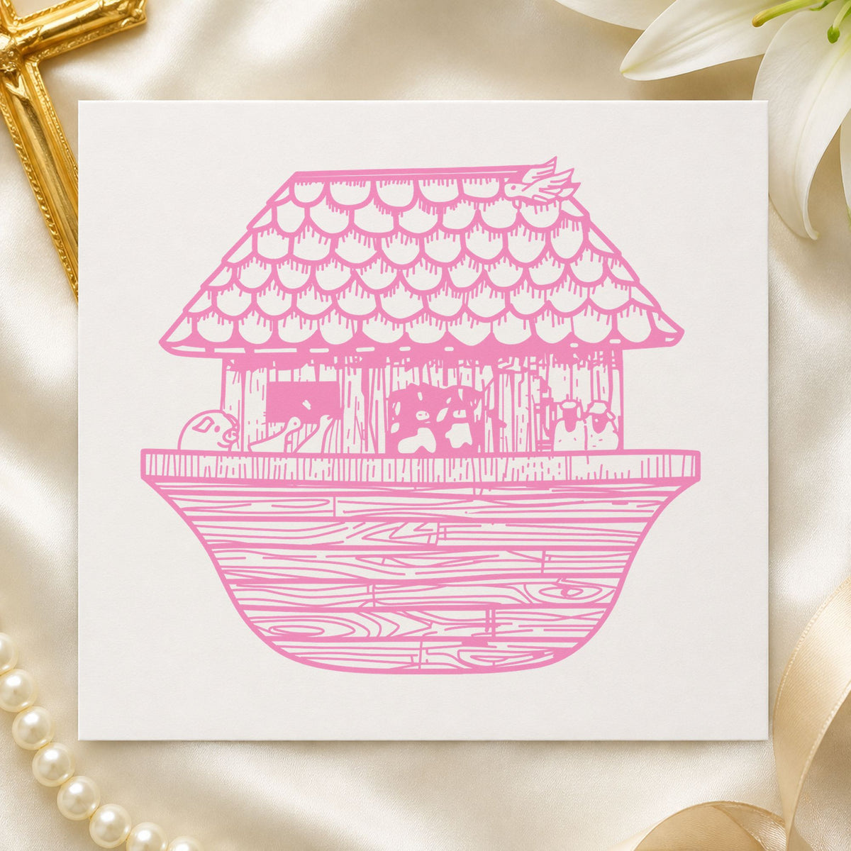 Noah's Ark Rubber Stamp Wide impression in pink ink on white paper in a styled craft setting.