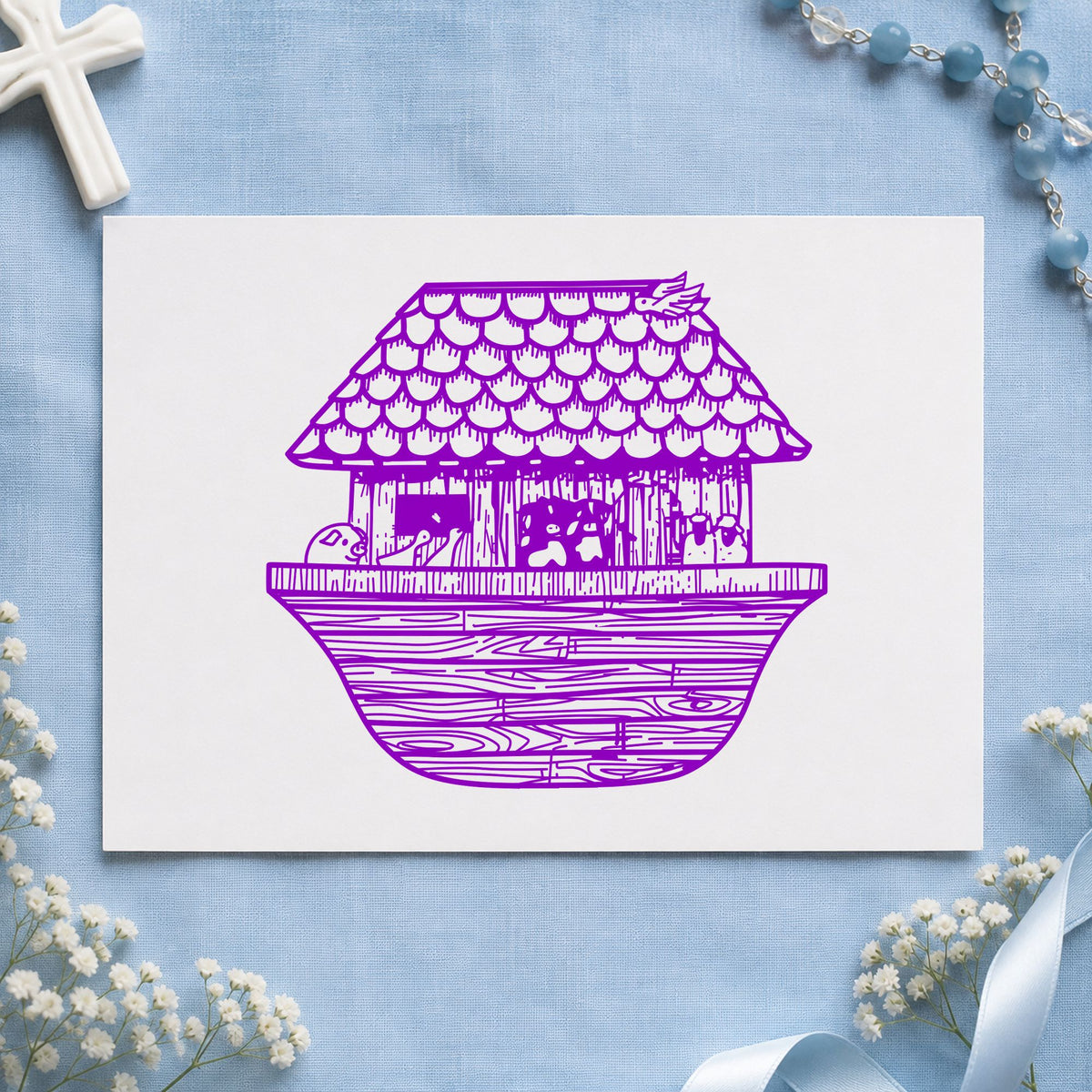 Noah's Ark Rubber Stamp Wide impression in purple ink on white paper in a styled craft setting.