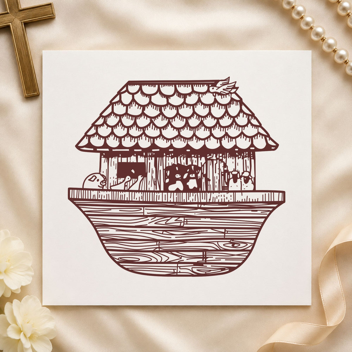 Noah's Ark Rubber Stamp Wide impression in brown ink on white paper in a styled craft setting.
