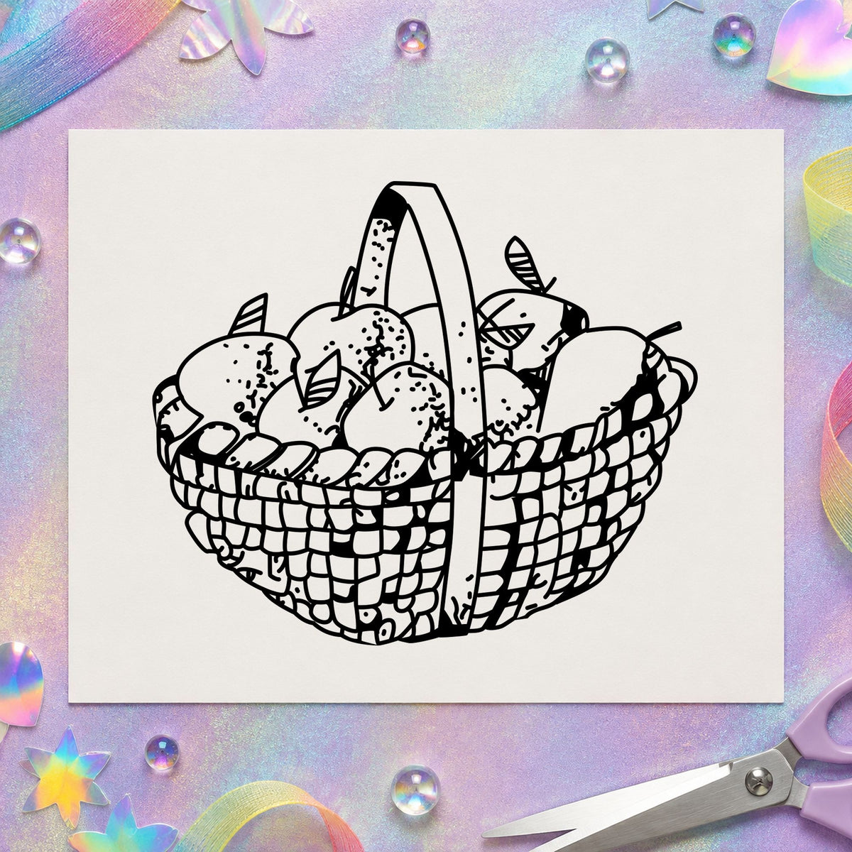 Round Apple Basket Rubber Stamp impression in black ink on white paper in a styled craft setting.