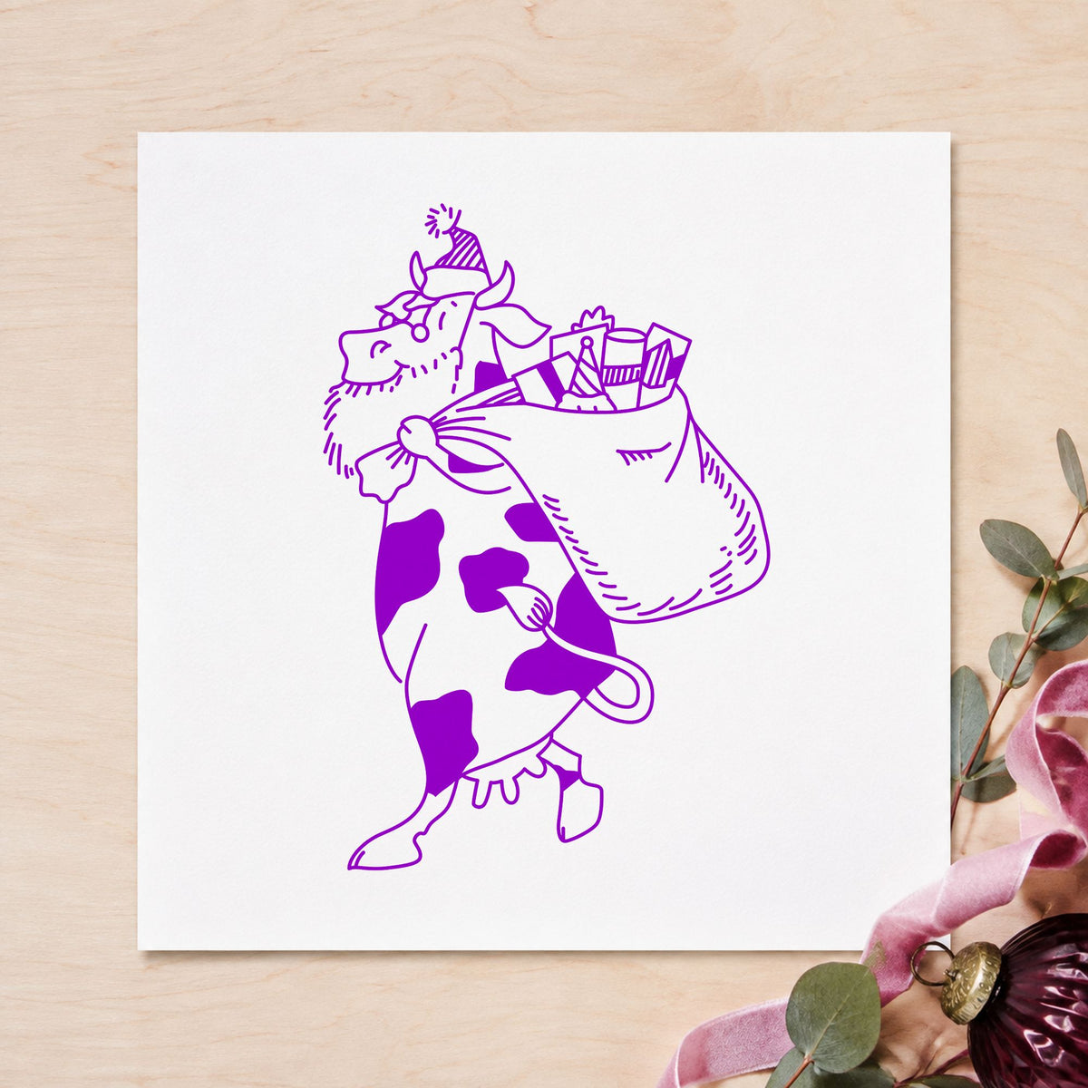 Santa Cow with Gift Sack Rubber Stamp Large impression in purple ink on white paper in a styled craft setting.