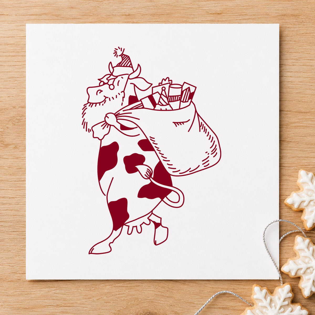 Santa Cow with Gift Sack Rubber Stamp Small impression in burgundy ink on white paper in a styled craft setting.