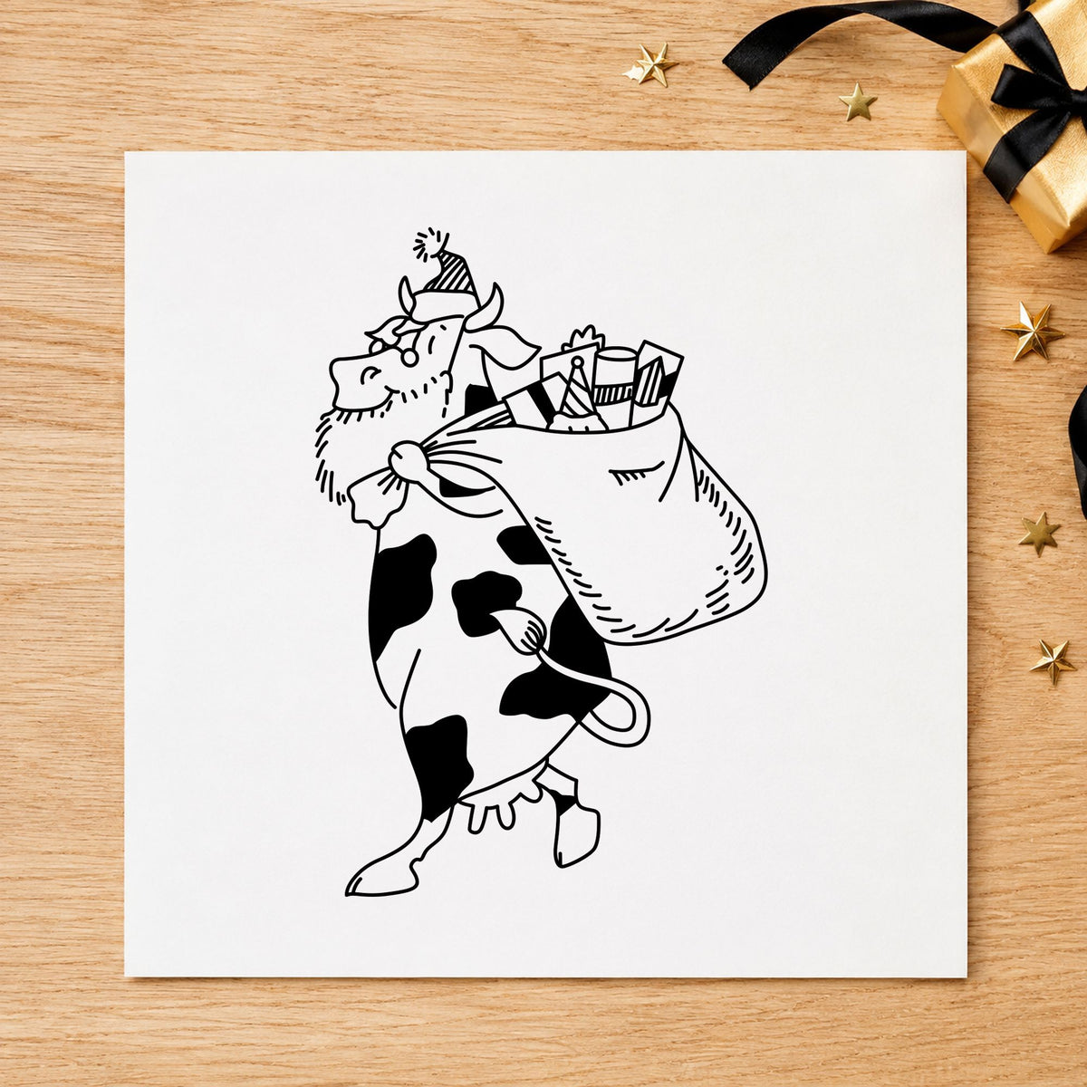 Black impression from a christmas cow stamp, featuring the santa cow with gift sack small design on white paper.