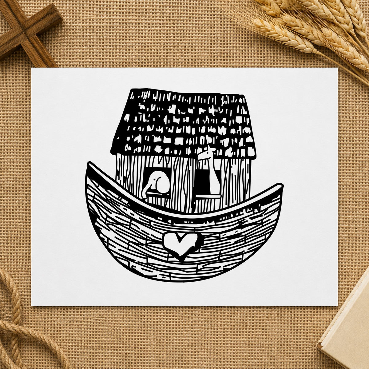Square Noah's Ark Rubber Stamp impression in black ink on white paper in a styled craft setting.