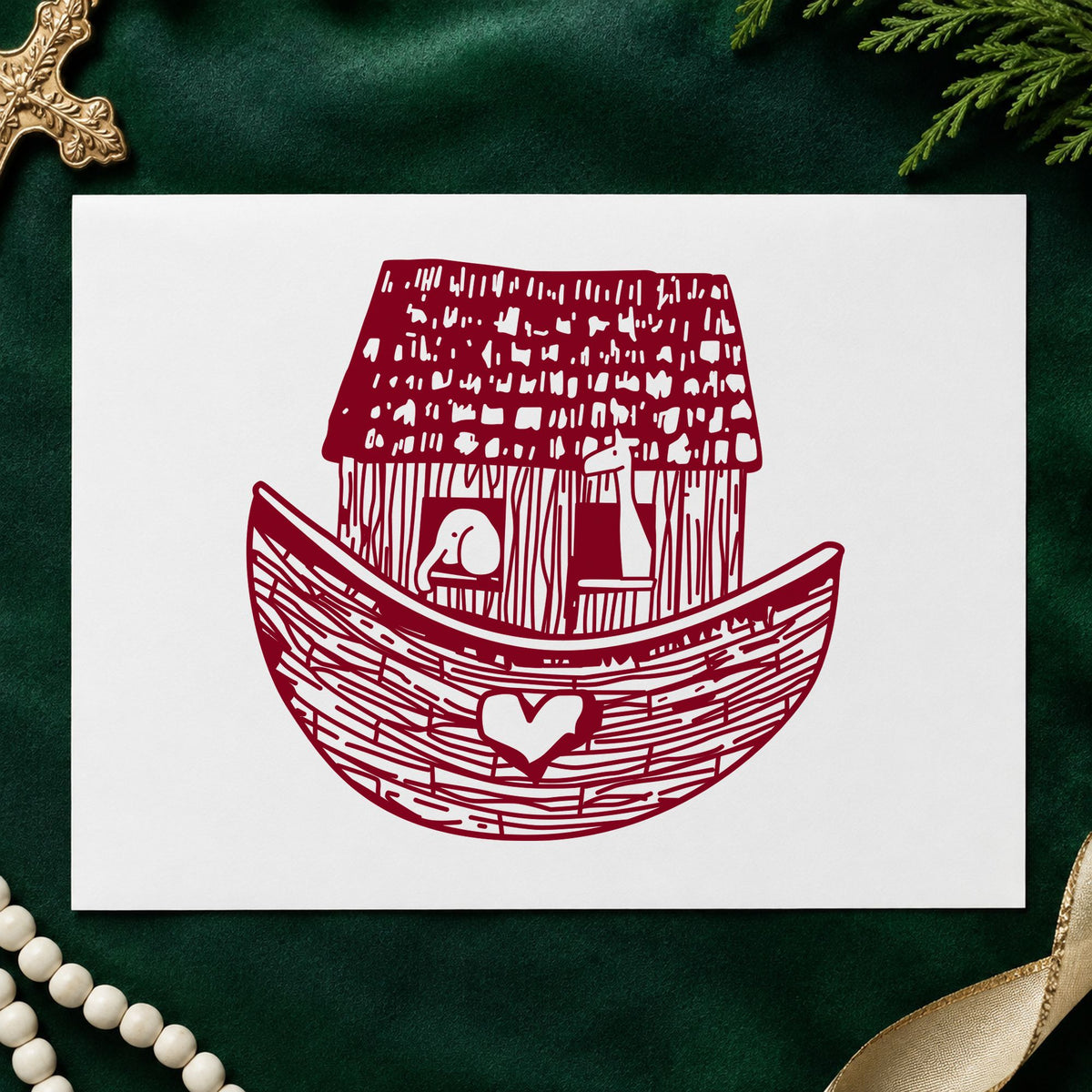 Square Noah's Ark Rubber Stamp impression in burgundy ink on white paper in a styled craft setting.