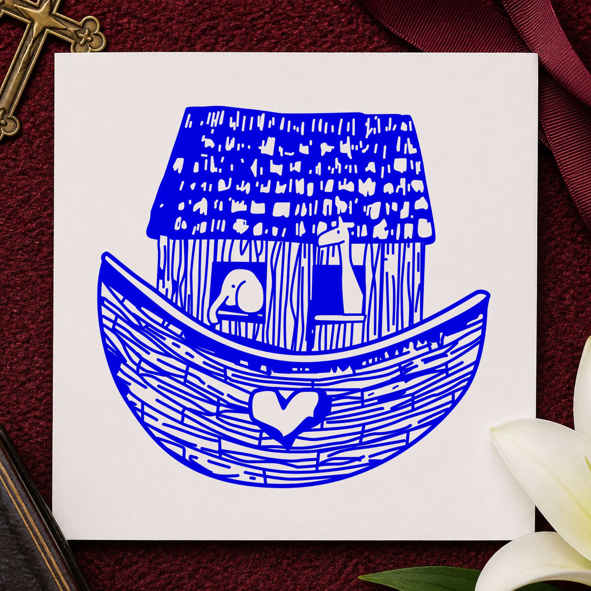 Blue bible story craft stamp impression featuring the square noah's ark design on white paper.