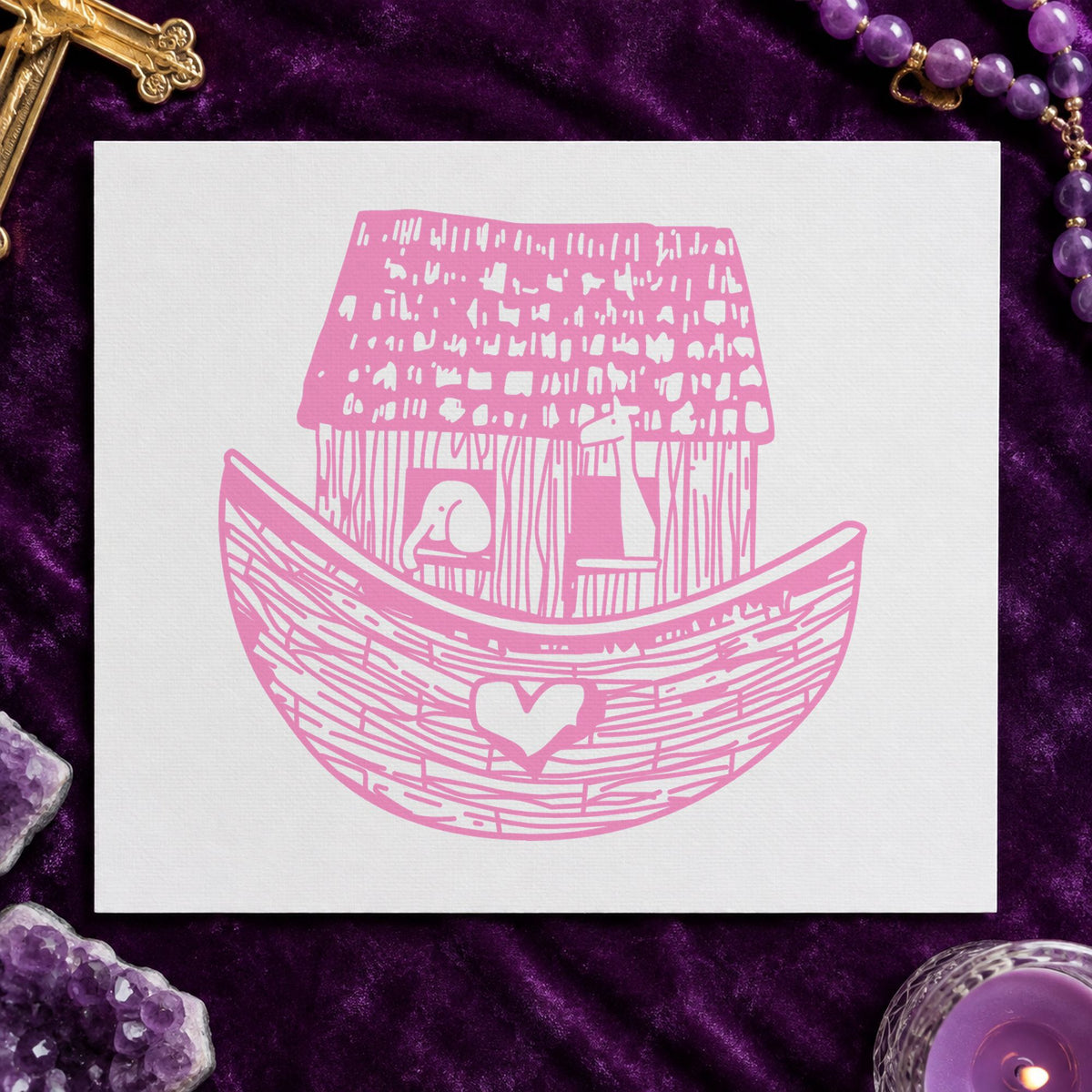 Square Noah's Ark Rubber Stamp impression in pink ink on white paper in a styled craft setting.