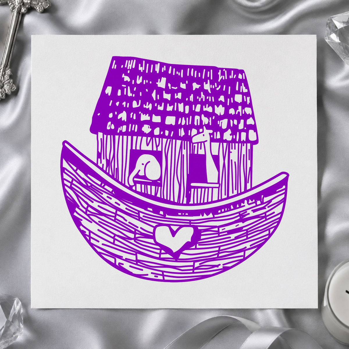 Square Noah's Ark Rubber Stamp impression in purple ink on white paper in a styled craft setting.