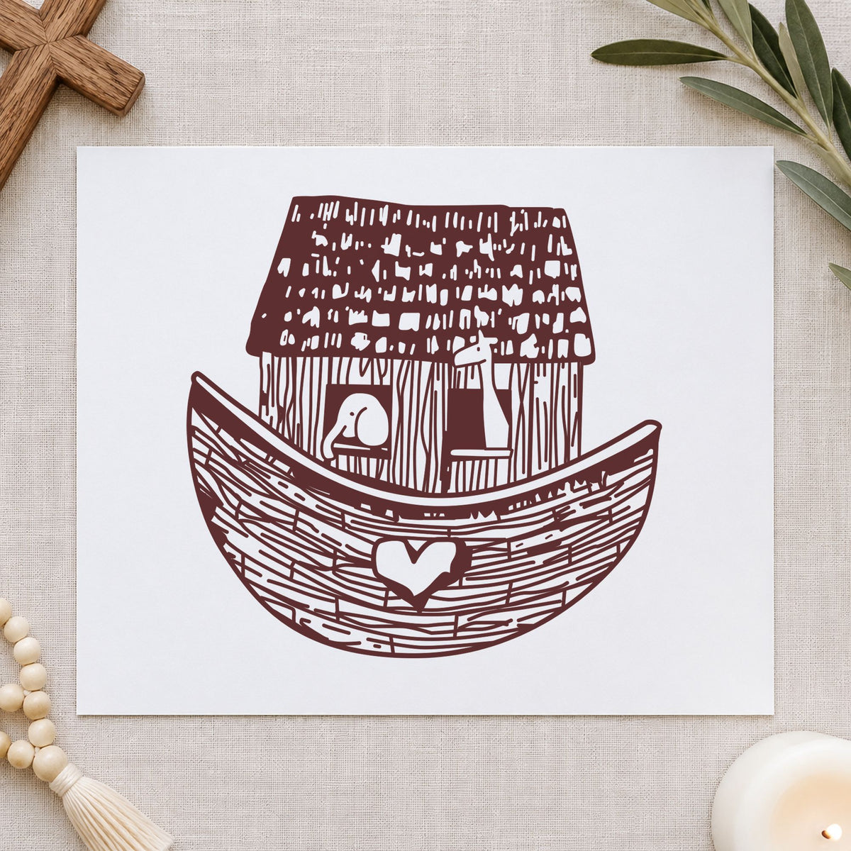 Square Noah's Ark Rubber Stamp impression in brown ink on white paper in a styled craft setting.