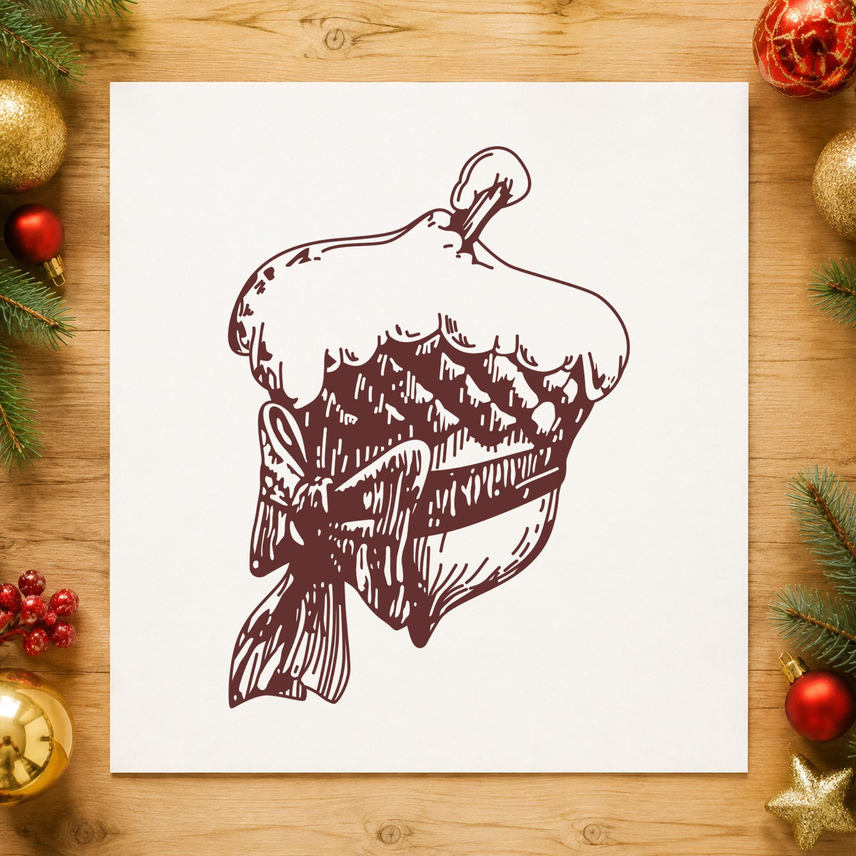 Snowy Acorn with Bow Christmas Rubber Stamp impression in brown ink on white paper in a styled craft setting.