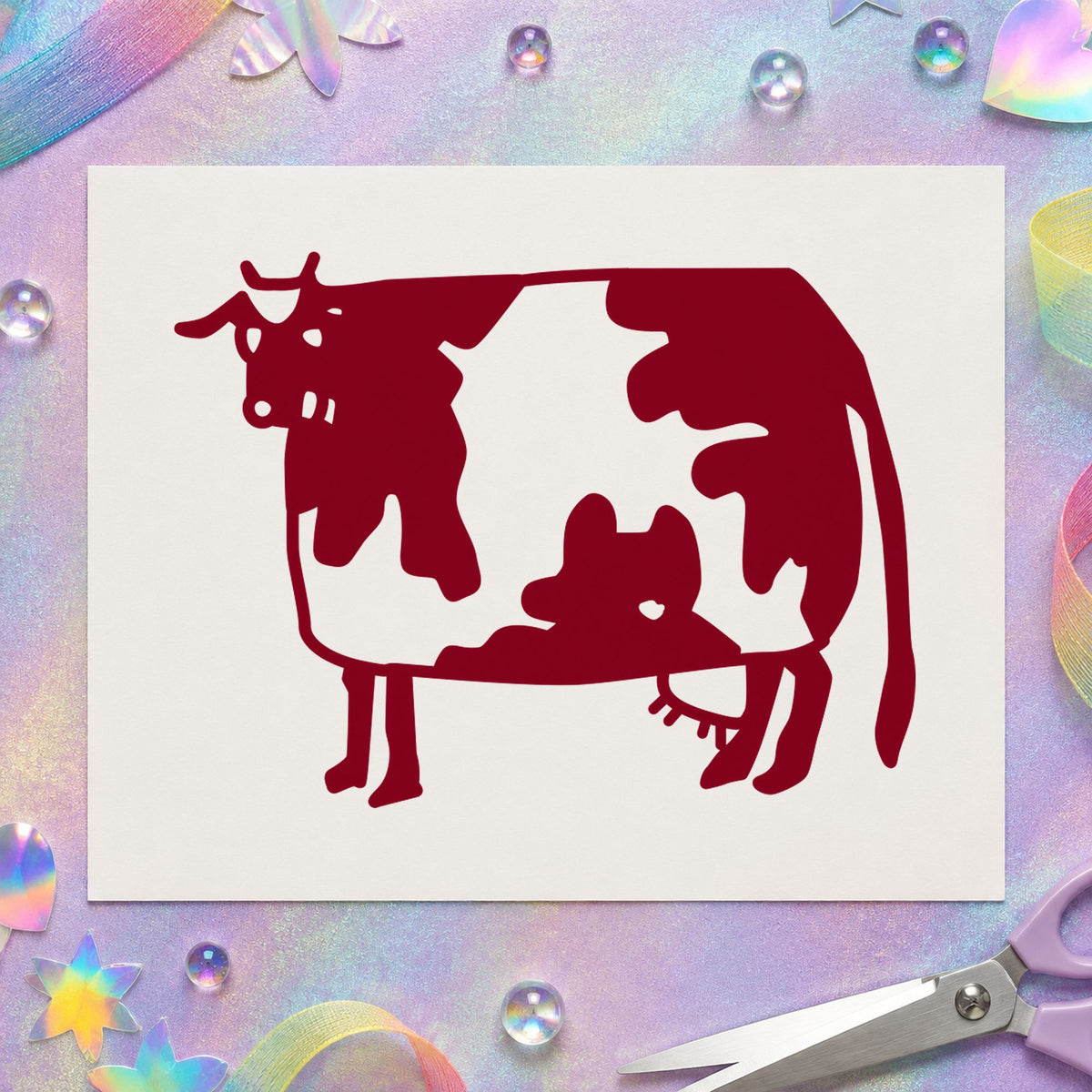 Folk Art Cow Rubber Stamp impression in burgundy ink on white paper in a styled craft setting.