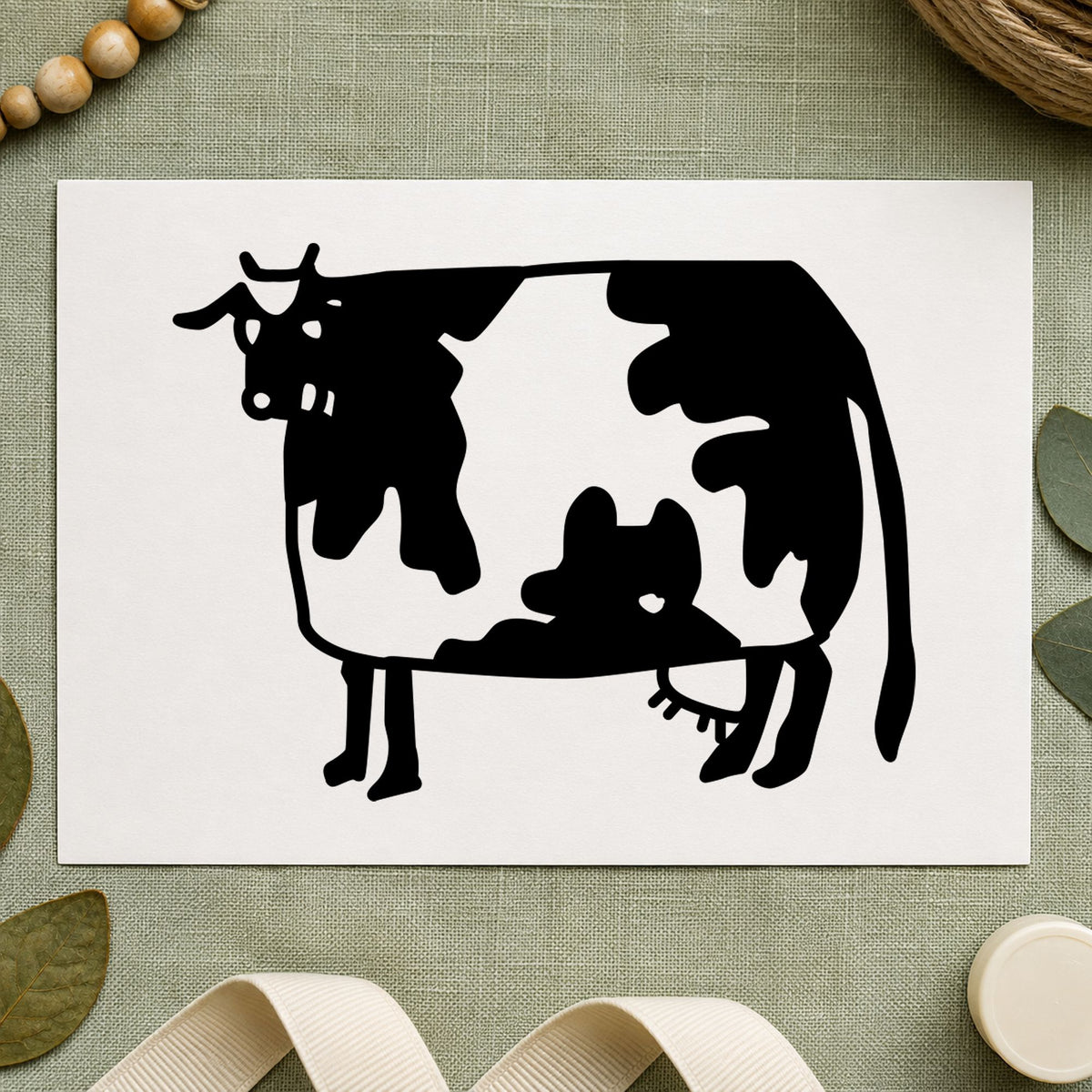 Black impression from a country cow stamp, featuring the folk art cow design on white paper.