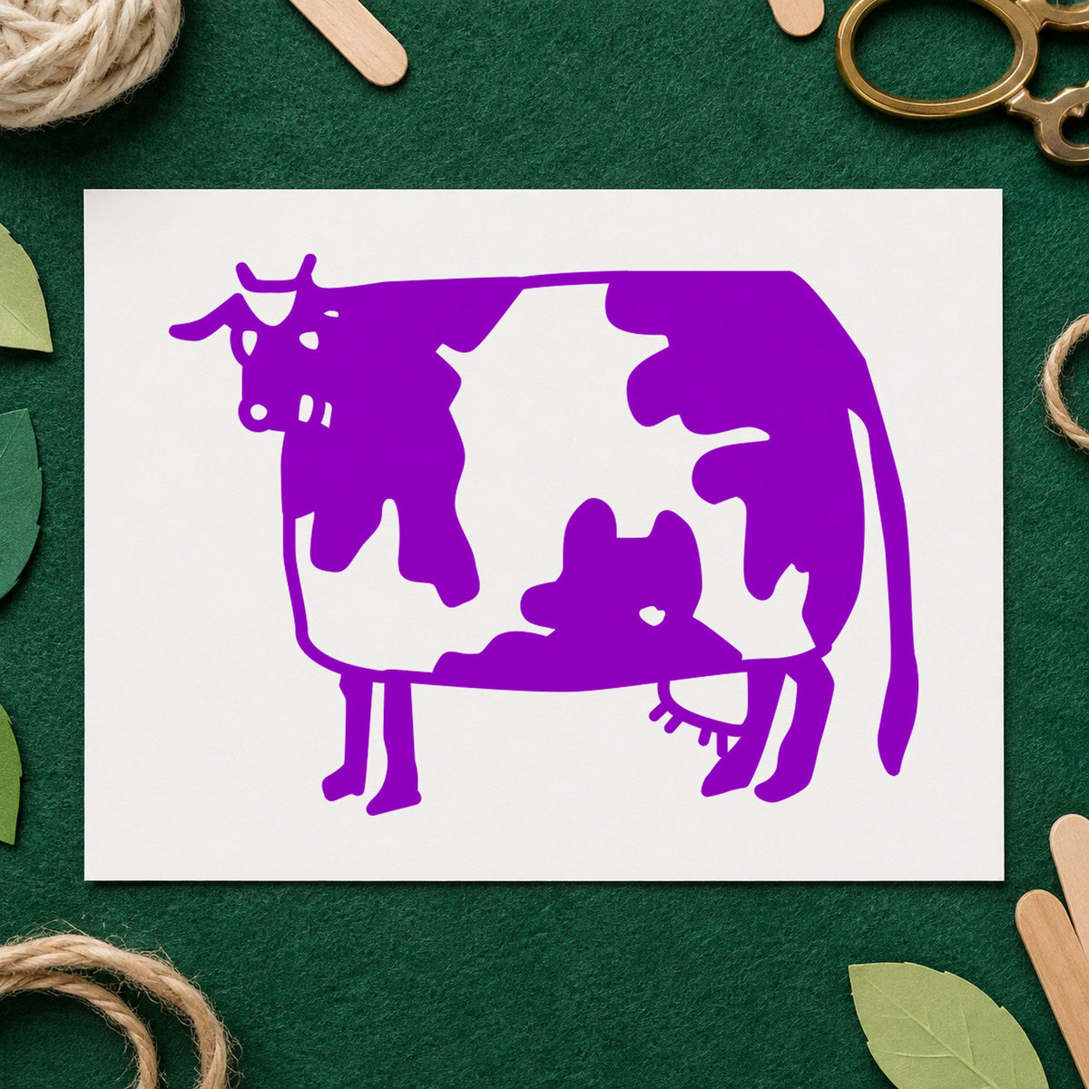 Folk Art Cow Rubber Stamp impression in purple ink on white paper in a styled craft setting.