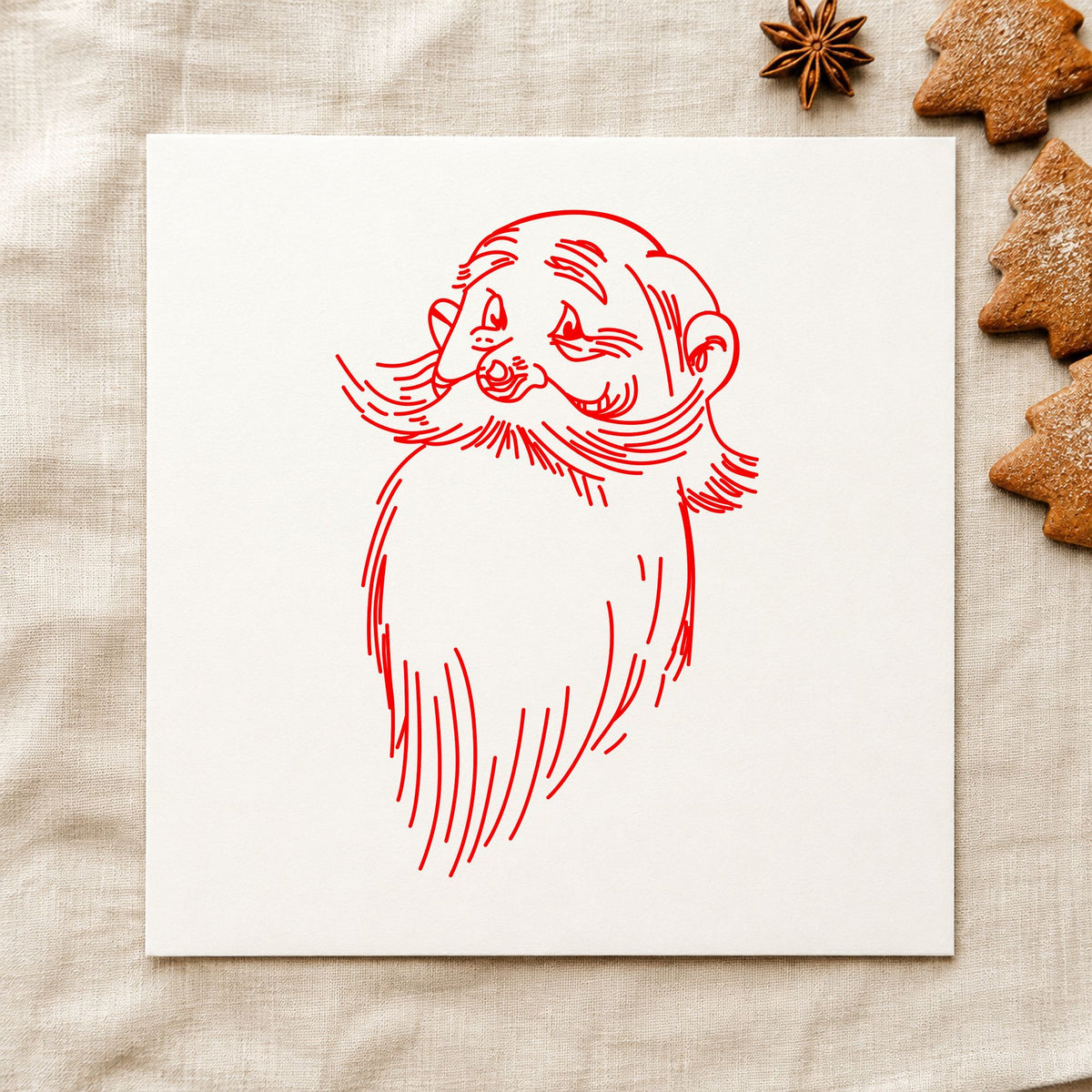 Santa Claus Face Rubber Stamp impression in red ink on white paper in a styled craft setting.